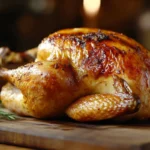 Freshly cooked rotisserie chicken on a cutting board with crispy golden skin.