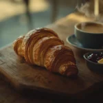 A stack of freshly baked golden-brown French croissants with visible flaky layers, served on a rustic wooden board with a side of butter and jam, evoking a cozy French café ambiance.