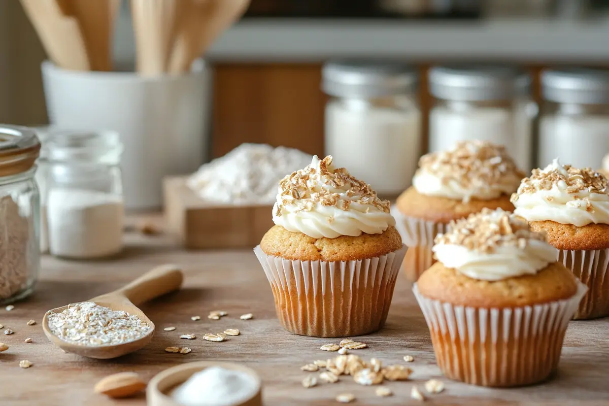 Freshly baked gluten-free cupcakes with frosting and ingredients.