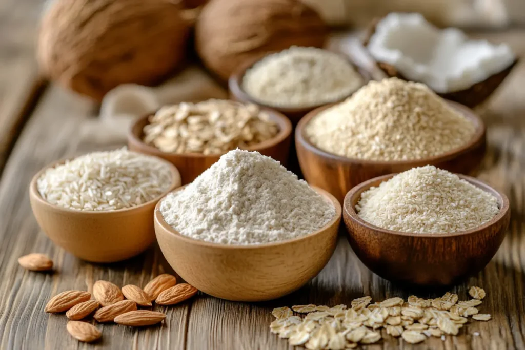 Different types of gluten-free flour in bowls.