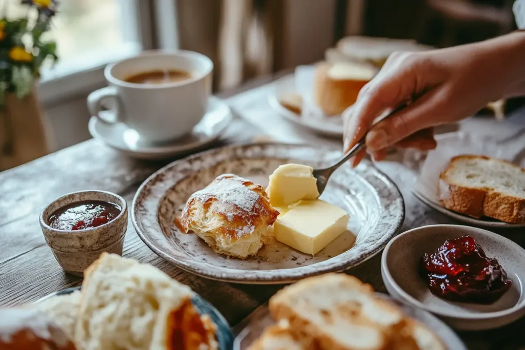 A Swiss breakfast with Gipfeli, butter, and jam