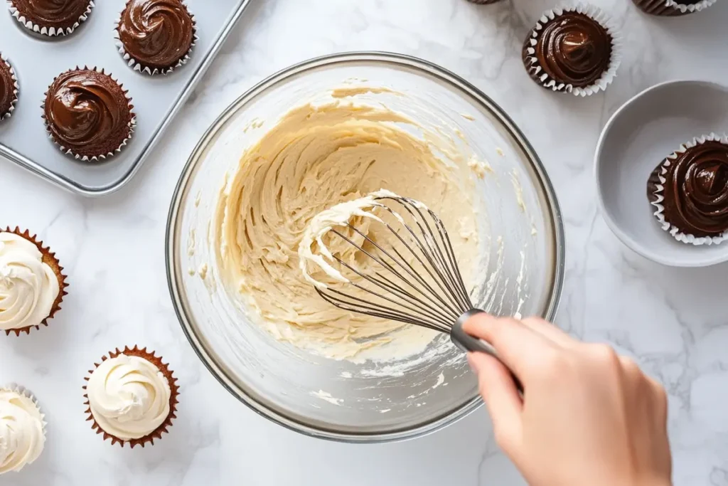 Mixing gluten-free cupcake batter in a bowl.