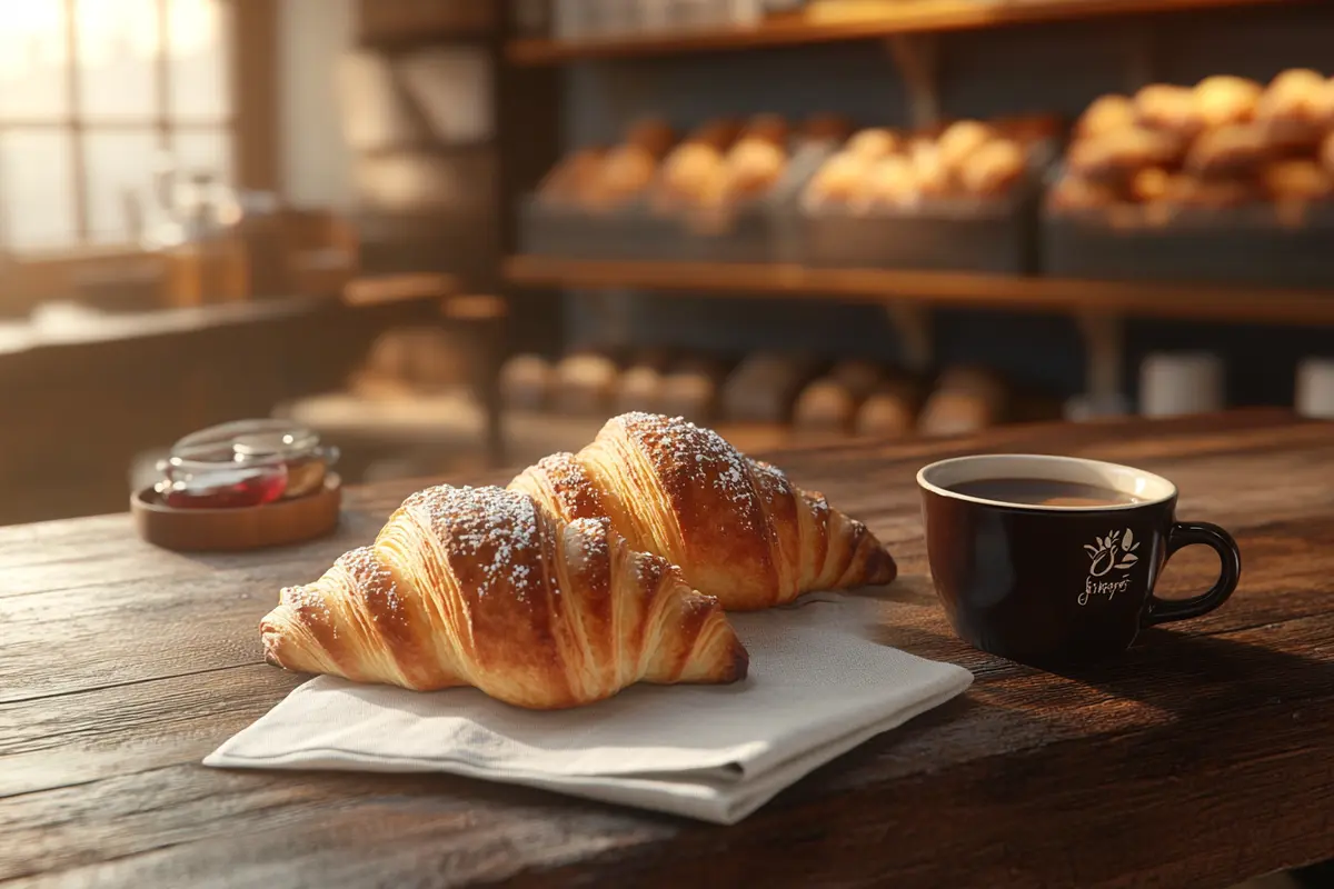 Freshly baked Swiss Gipfeli with coffee in a cozy bakery