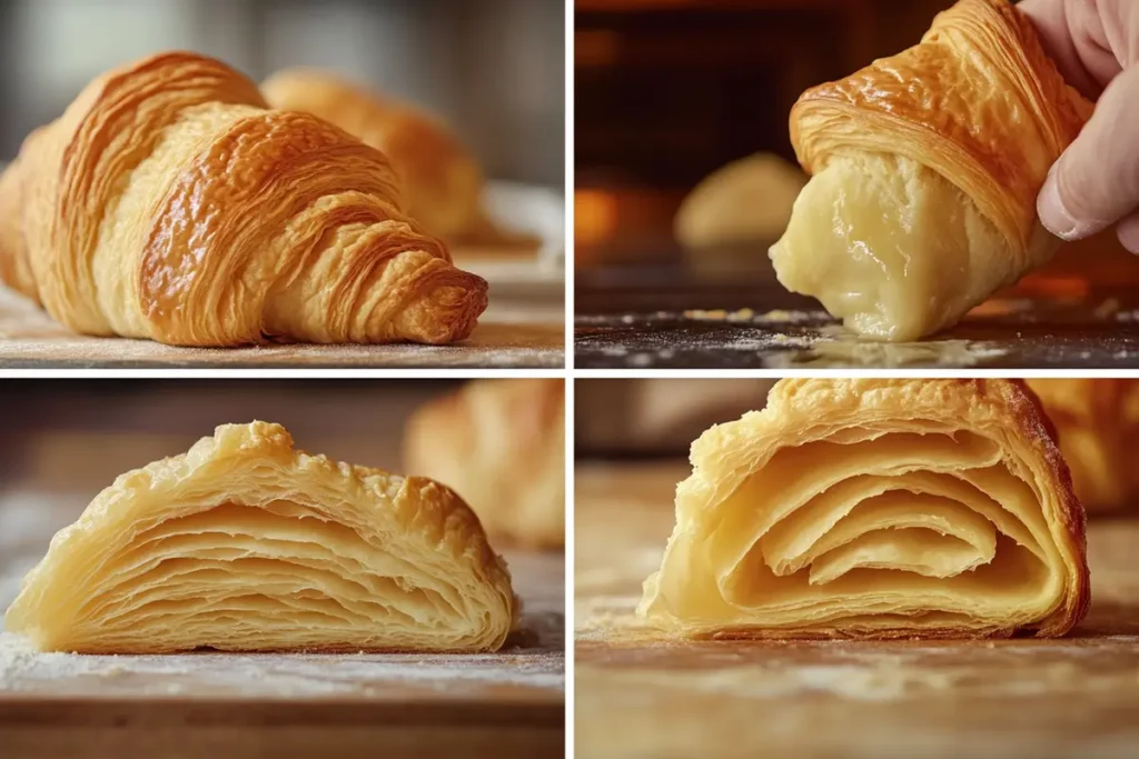 A hyper-realistic, step-by-step visual of the Swiss croissant-making process, showcasing four stages: soft laminated dough being rolled and cut into triangles, croissants proofing until light and airy, golden-brown flaky layers forming in the oven, and a final shot of a freshly baked Swiss croissant with a crispy outer shell and a soft, buttery interior. Warm lighting and a rustic wooden background highlight the delicate textures and rich details of each stage. 🥐