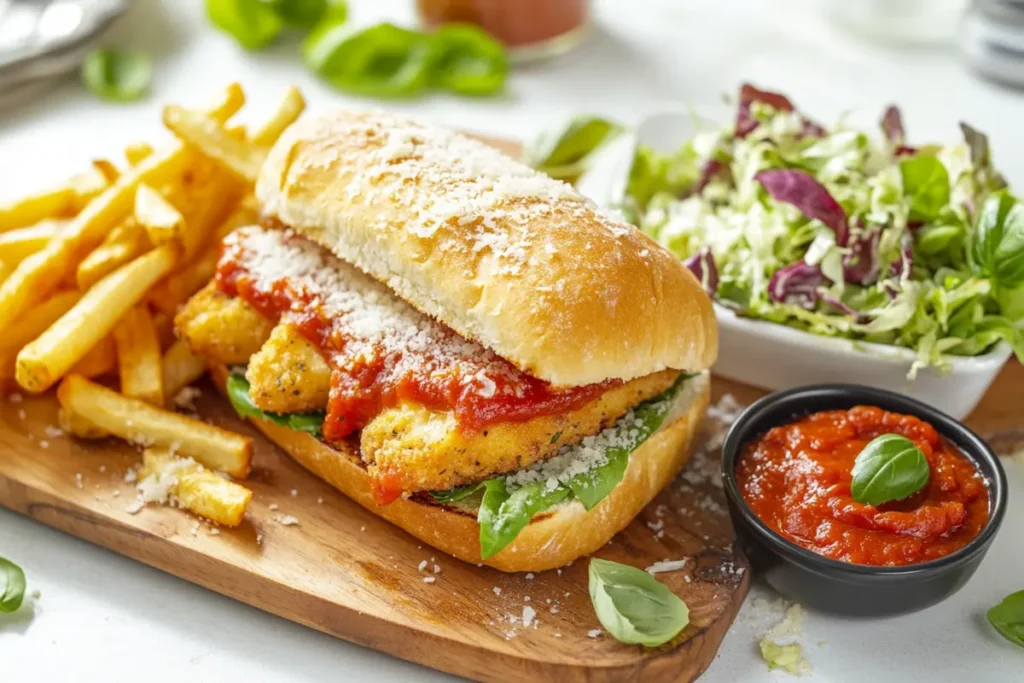 Chicken parm sandwich with side dishes like fries and salad