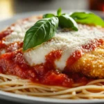 Chicken Parmesan served with pasta, salad, and garlic bread.