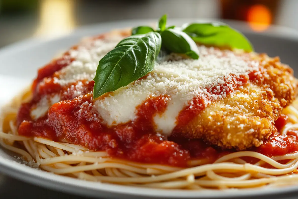 Chicken Parmesan served with pasta, salad, and garlic bread.