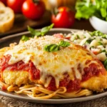 A beautifully plated Chicken Parmesan on a rustic wooden table, topped with golden melted cheese and rich marinara sauce, served alongside classic pasta, a fresh Caesar salad, and garlic bread.