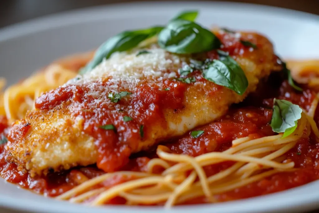 Spaghetti marinara with crispy chicken parmesan on top.