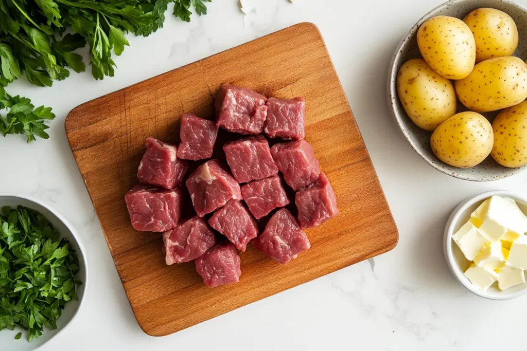 Raw steak cubes and potatoes on a wooden cutting board