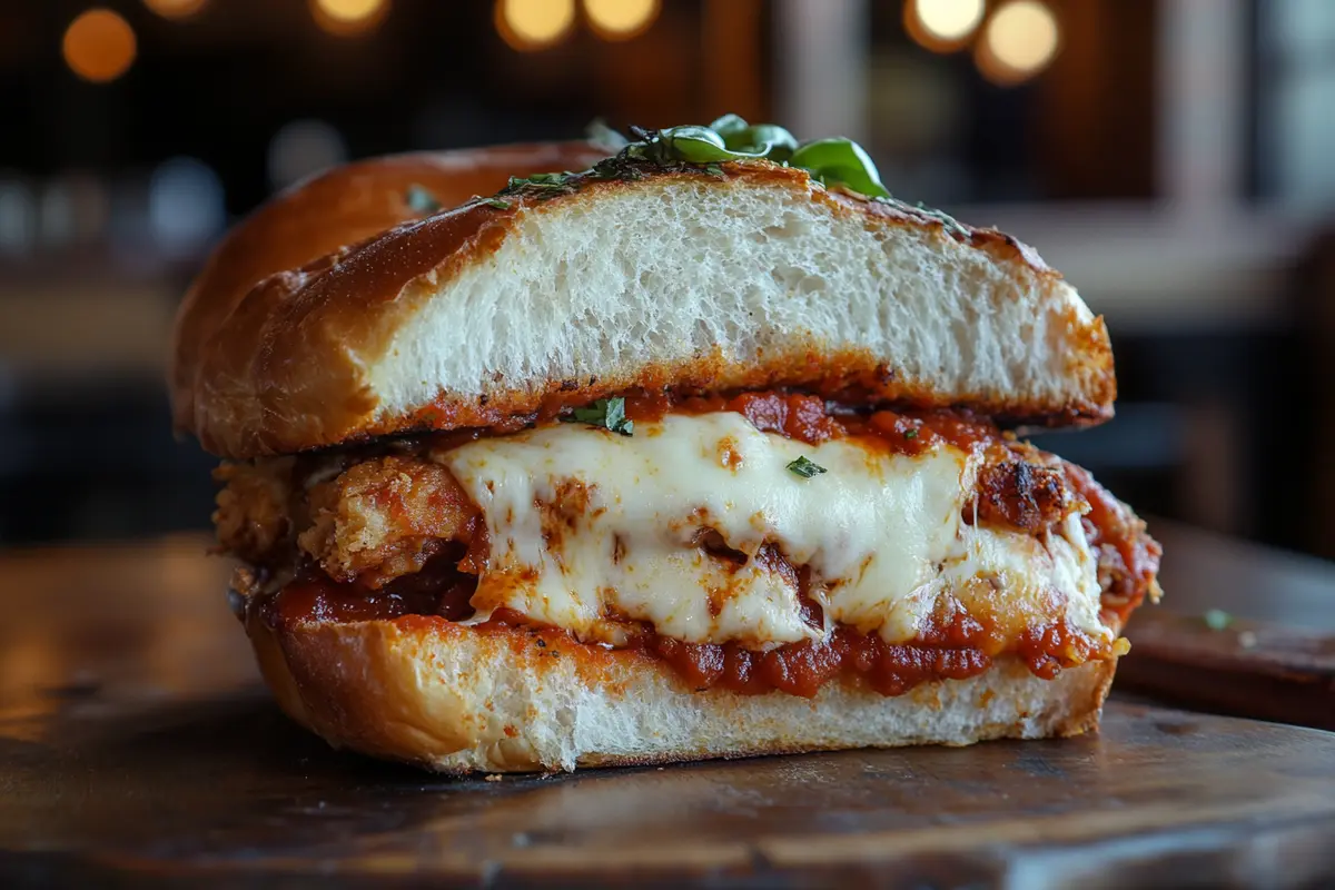 Crispy chicken parm sandwich with marinara and melted cheese