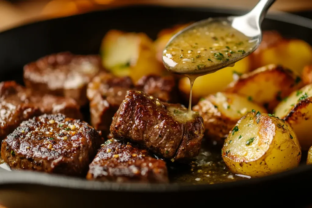 Steak bites searing in a cast-iron skillet with potatoes