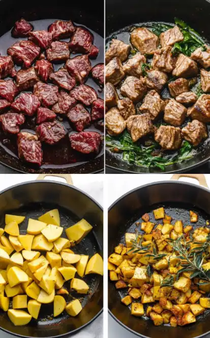 Four-step cooking process of garlic butter steak bites and potatoes in a skillet. Raw steak cubes, seared steak with herbs, diced potatoes before cooking, and crispy golden potatoes with rosemary.