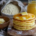 A bowl of sourdough discard next to fresh sourdough pancakes with syrup.