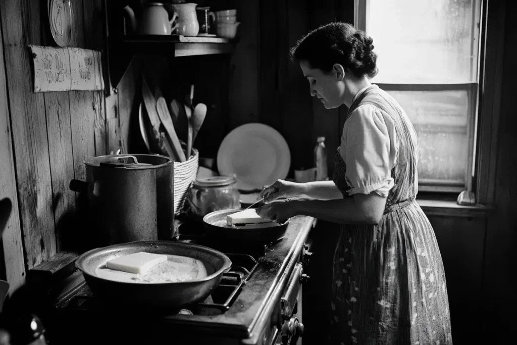 A woman making an early cheese sandwich in a vintage kitchen.