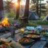 A scenic campsite breakfast table featuring easy camping meals: breakfast skillet, wraps, and foil pack tacos.