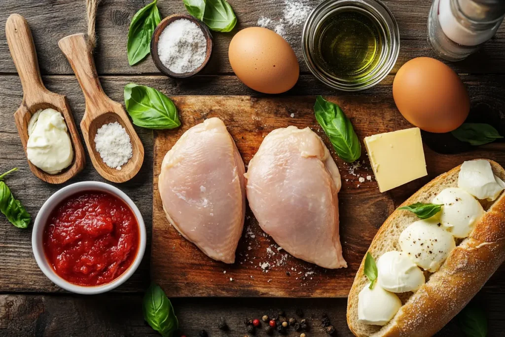 Ingredients for a homemade chicken parm sandwich