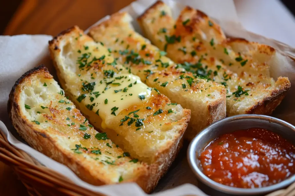 A basket of garlic bread with a bowl of marinara sauce.