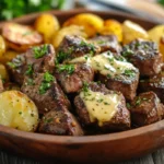 Garlic butter steak bites and potatoes served on a plate