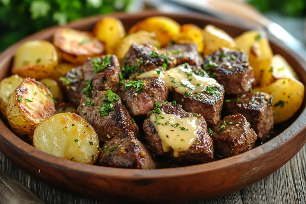 Garlic butter steak bites and potatoes served on a plate