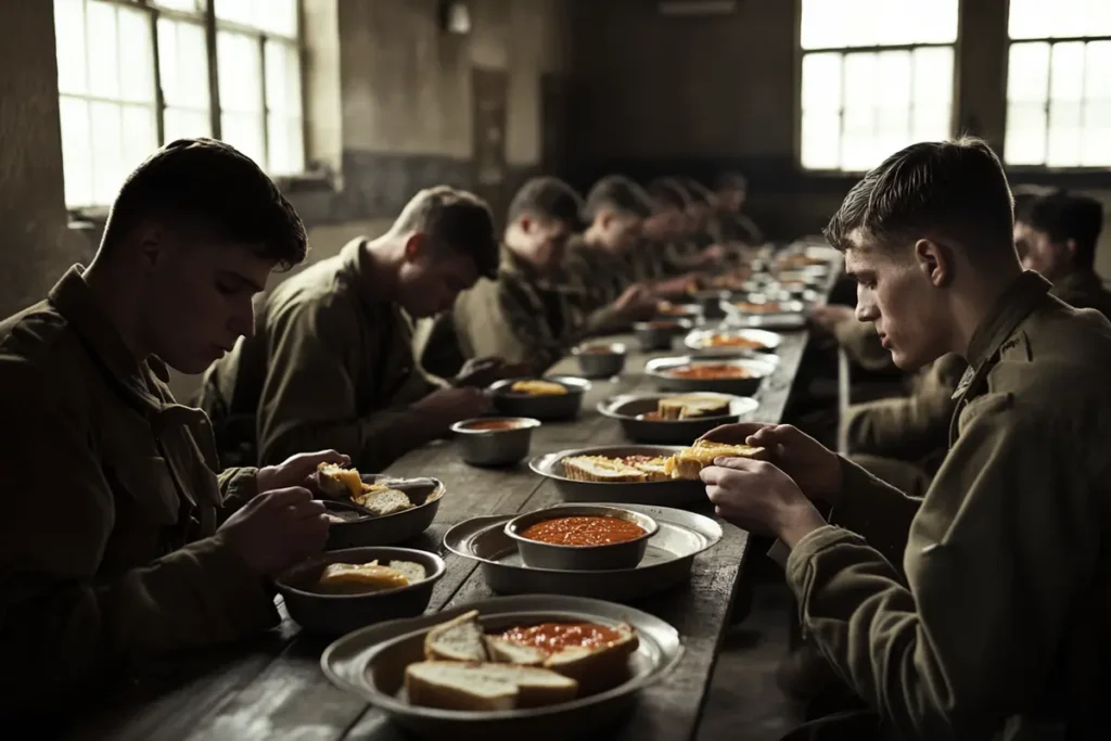 Soldiers in a WWII mess hall eating grilled cheese and tomato soup.