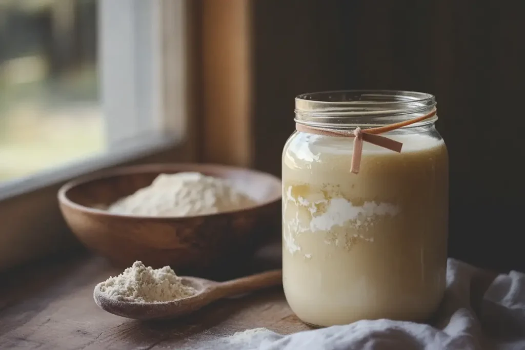 A bubbly sourdough starter in a glass jar with a rubber band marking its rise.