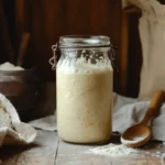 Fresh, bubbly sourdough starter in a glass jar on a rustic kitchen counter.