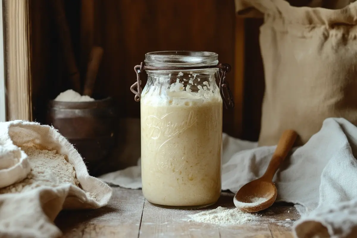 Fresh, bubbly sourdough starter in a glass jar on a rustic kitchen counter.