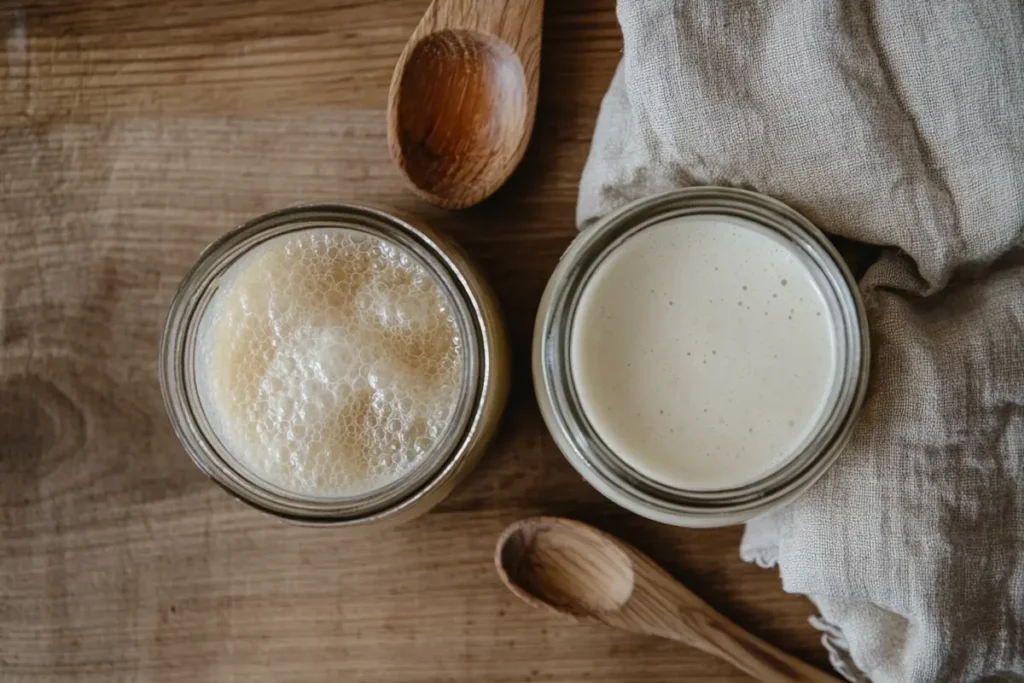 Two jars of sourdough starter, one stored at room temperature and one in the fridge.