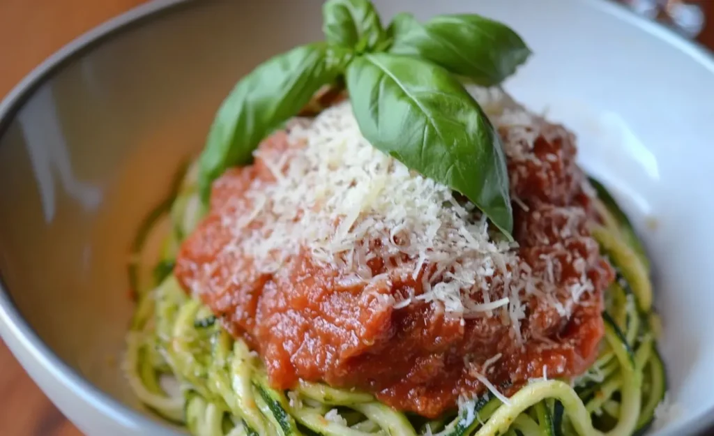 Zucchini noodles with marinara sauce and Parmesan cheese.