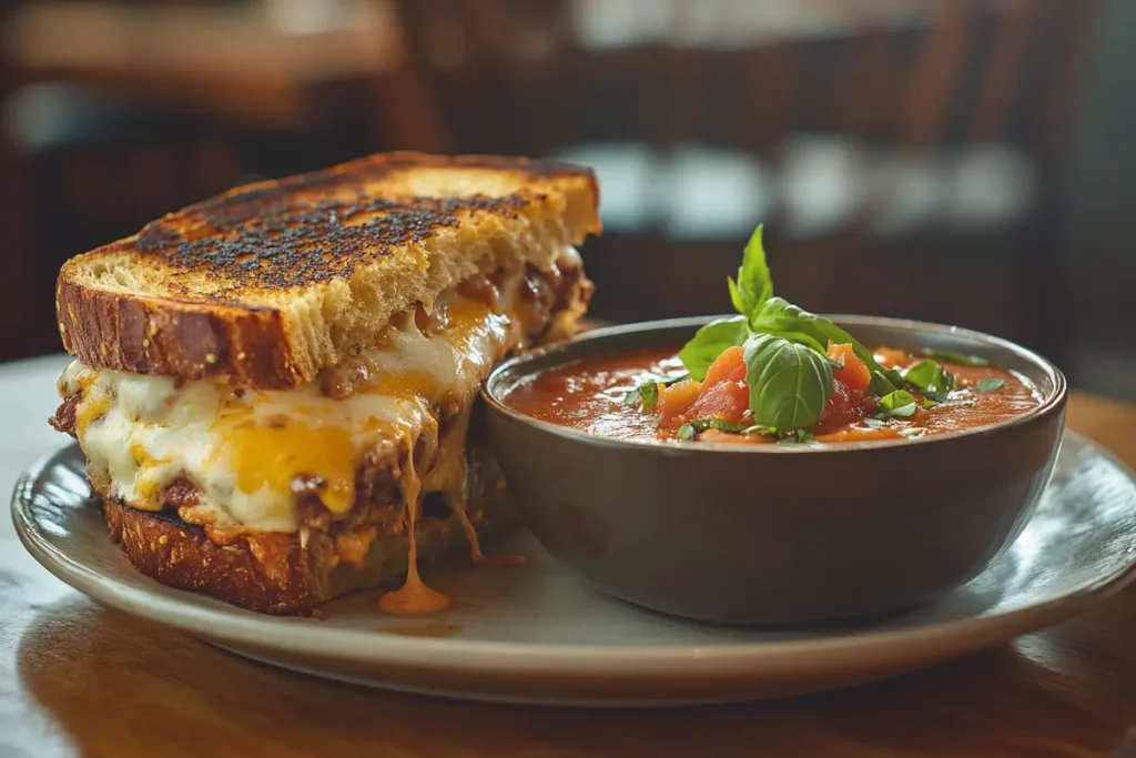 A gourmet grilled cheese sandwich with tomato soup on a rustic table.