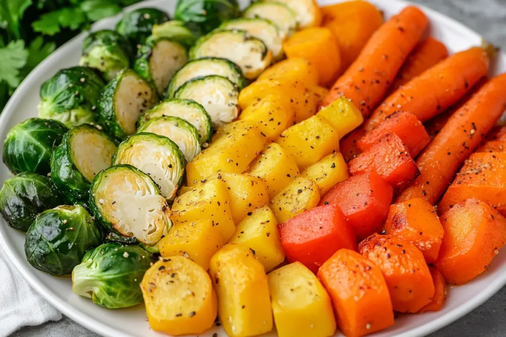 Roasted Brussels sprouts, zucchini, and carrots on a plate.