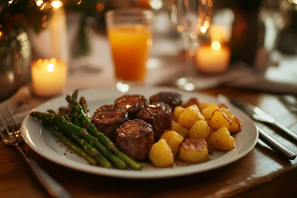 Garlic butter steak bites and potatoes served with asparagus
