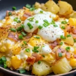 Hearty cheesy potato egg scramble with crispy potatoes, melted cheese, diced ham, and a dollop of sour cream, garnished with fresh parsley.