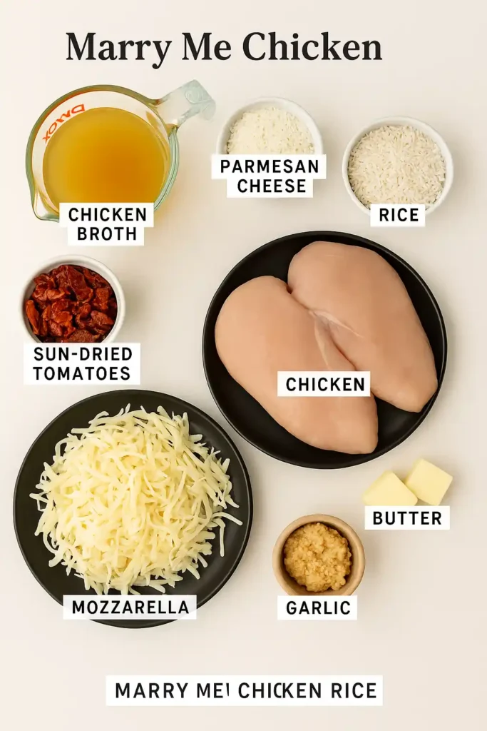 Overhead view of neatly arranged labeled ingredients for Marry Me Chicken and Rice, including chicken breasts, rice, chicken broth, mozzarella cheese, Parmesan cheese, sun-dried tomatoes, garlic, butter, and Italian seasoning on a light background.
