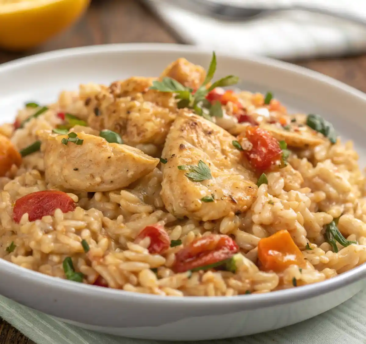 A close-up of a white bowl filled with creamy Marry Me Chicken and Rice, featuring tender chicken pieces, sun-dried tomatoes, and herbs garnished with parsley.