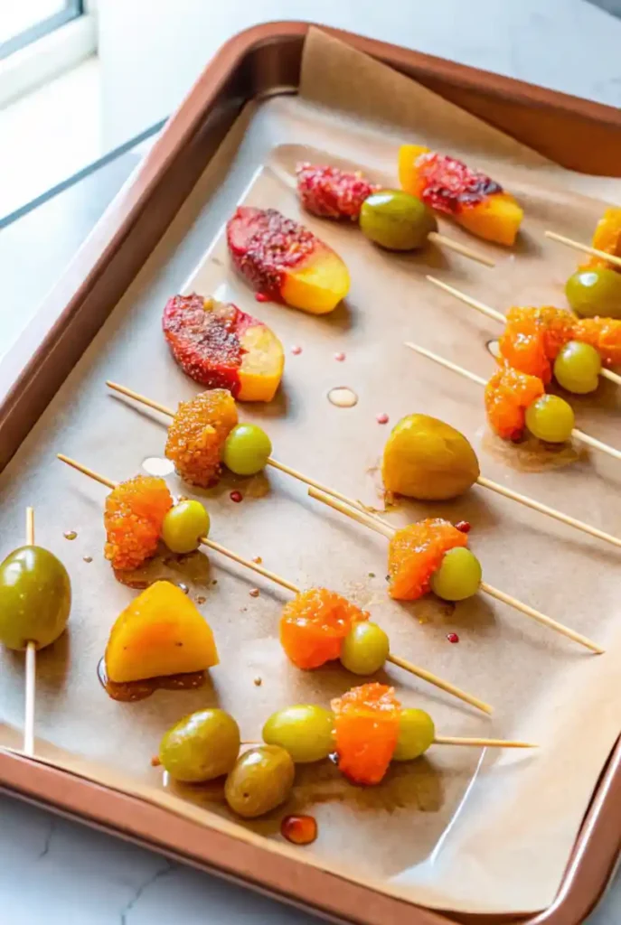 Candied fruit skewers on parchment-lined baking tray, featuring grapes, peaches, and other colorful fruit coated in sugar glaze.