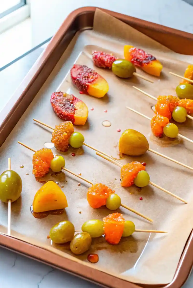 Candied fruit skewers on parchment-lined baking tray, featuring grapes, peaches, and other colorful fruit coated in sugar glaze.