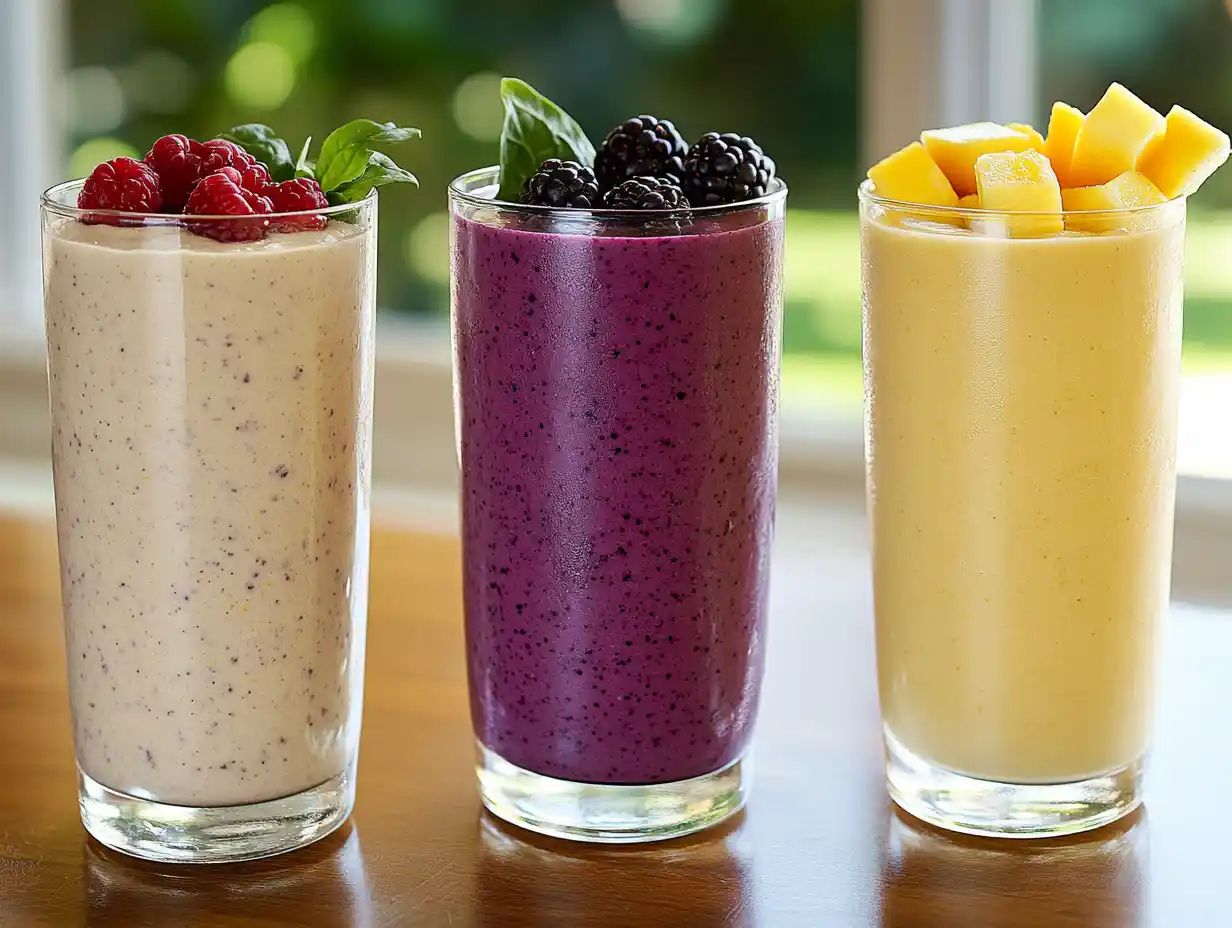 Three colorful smoothies in clear glasses on a rustic kitchen table: creamy banana oat smoothie, vibrant berry spinach smoothie, and bright tropical smoothie with pineapple and mango.