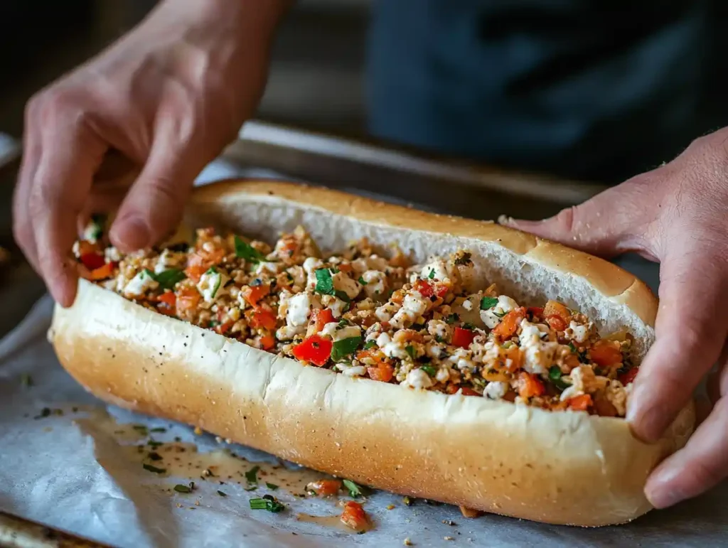 Stuffing chopped sandwich mix into hoagie roll