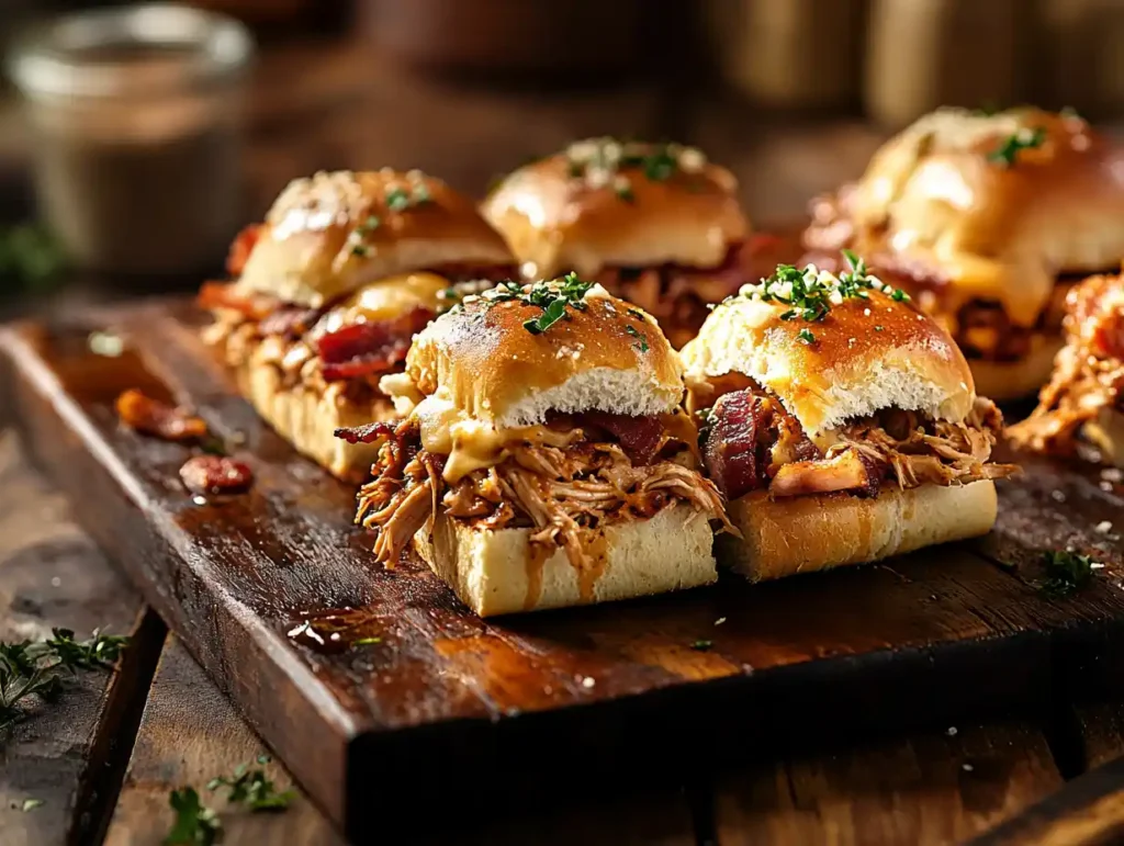 Pulled chicken sliders on Hawaiian rolls with melted cheese and bacon