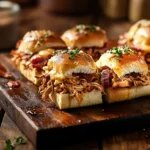 Pulled chicken sliders on Hawaiian rolls with melted cheese and bacon