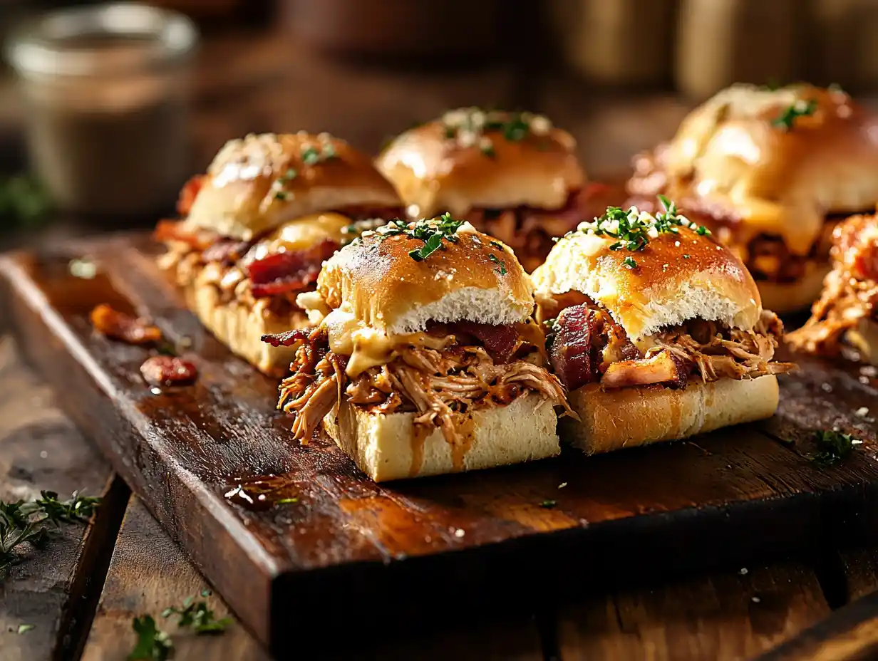 Pulled chicken sliders on Hawaiian rolls with melted cheese and bacon