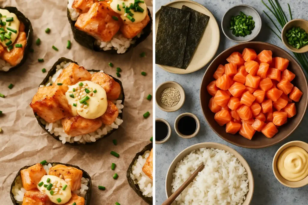 A diptych of food photography showing baked salmon sushi bites on the left, placed on a round marble plate and topped with creamy sauce, chopped chives, and sesame seeds. On the right, raw ingredients including cubed salmon, steamed rice, chives, sesame seeds, soy sauce, and mayonnaise are artfully arranged in small bowls on a neutral background.