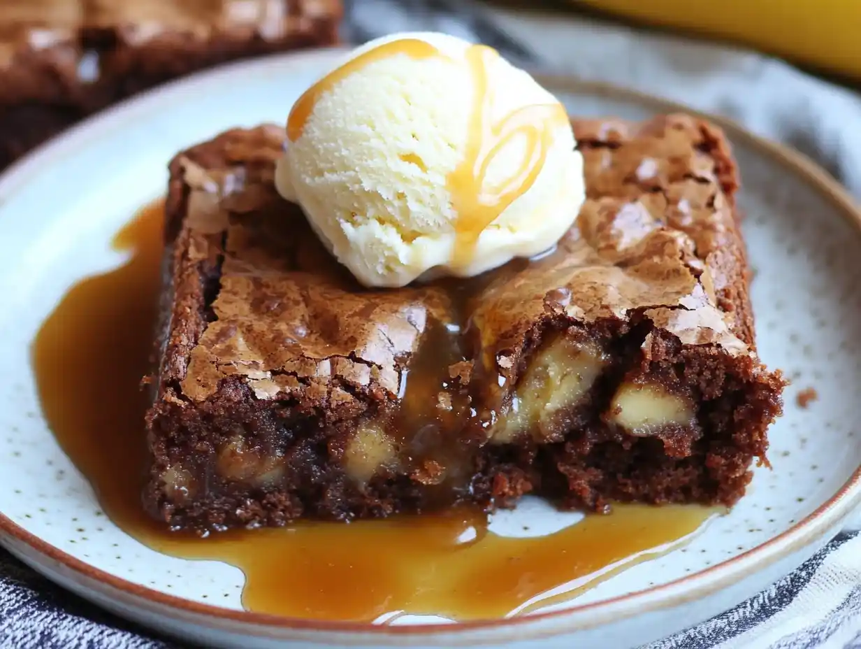 Banana bread brownies served with ice cream