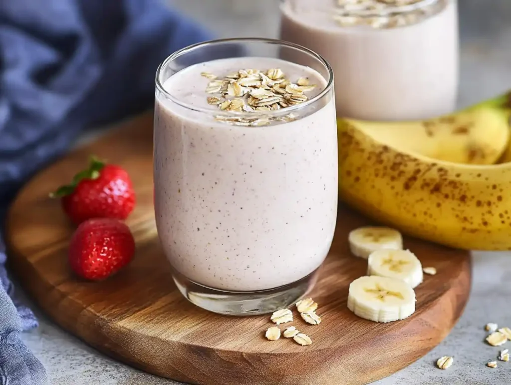 Creamy banana oat smoothie in a clear glass topped with rolled oats, surrounded by sliced bananas, ripe bananas, and fresh strawberries on a wooden board.