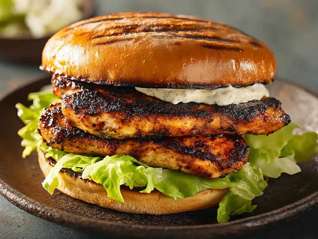 Blackened chicken sandwich with lettuce and mayo