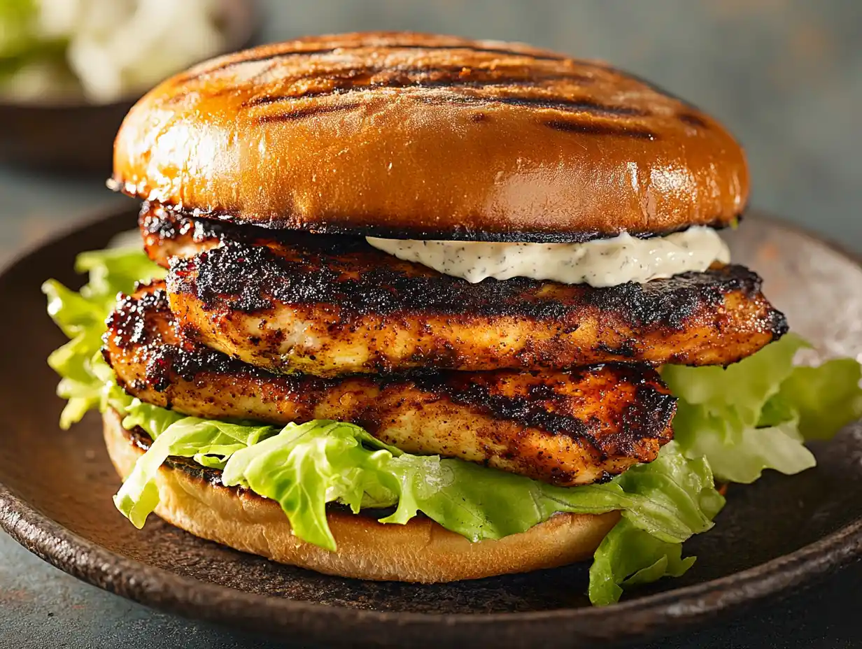 Blackened chicken sandwich with lettuce and mayo