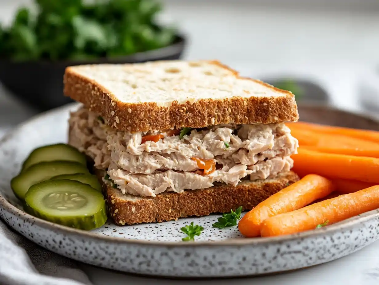 Tuna egg sandwich served on whole wheat bread