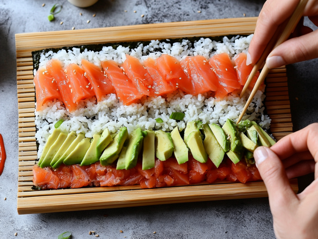 Assembling a sushi taco with rice, salmon, and avocado